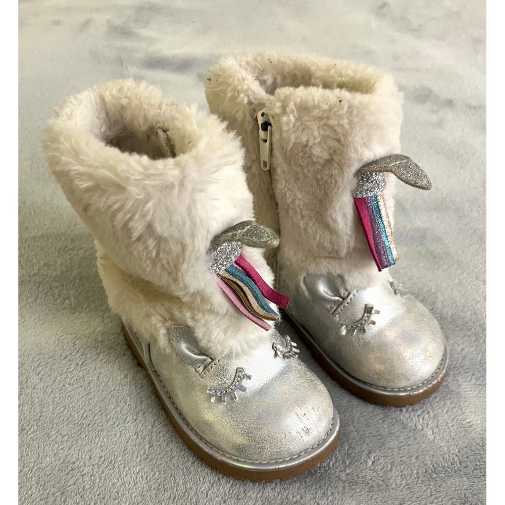 Self Esteem Size 5 Toddler Girls Silver Metallic Unicorn Faux Fur Winter Boots